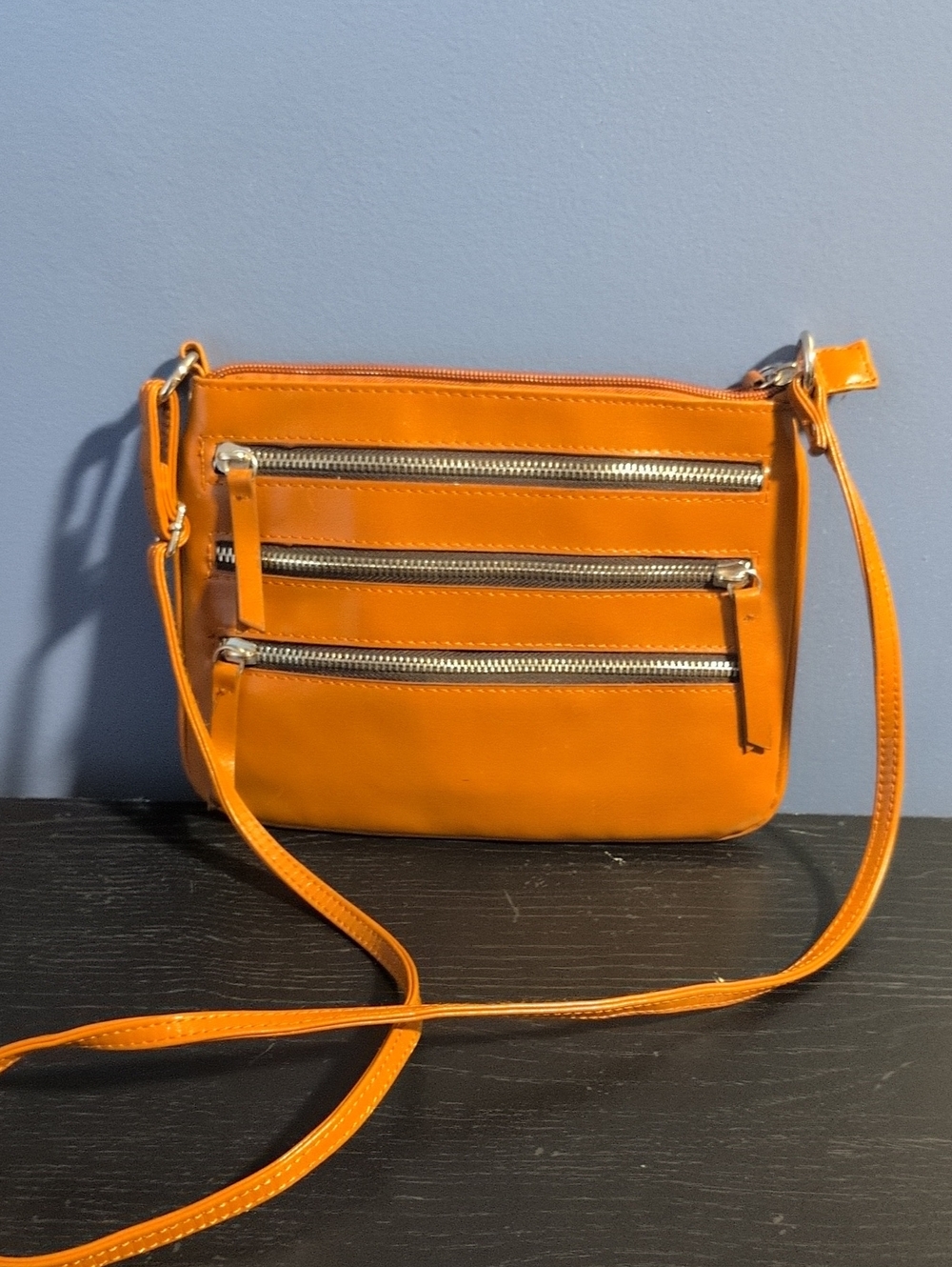 Tan/Cognac Crossbody Bag with Triple Zip Front